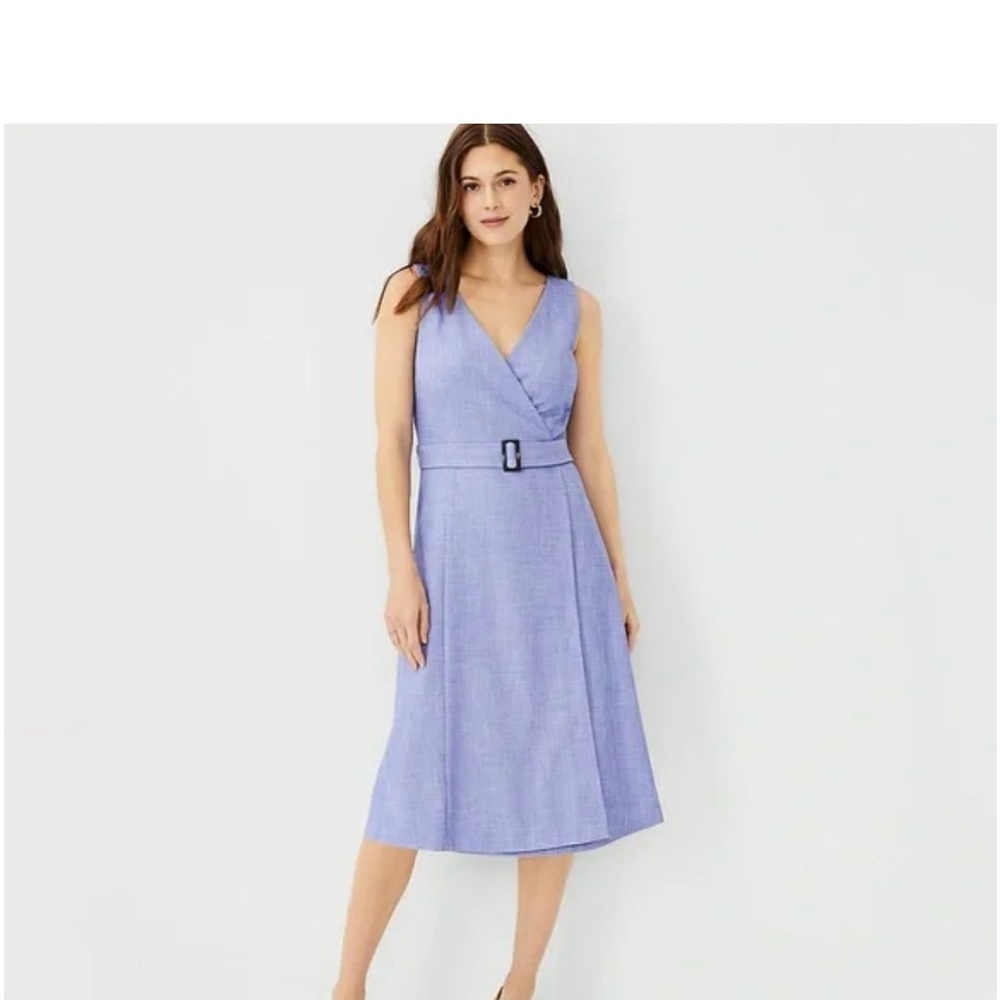 Ann Taylor Semi Wrap Light Blue Belted Midi Dress